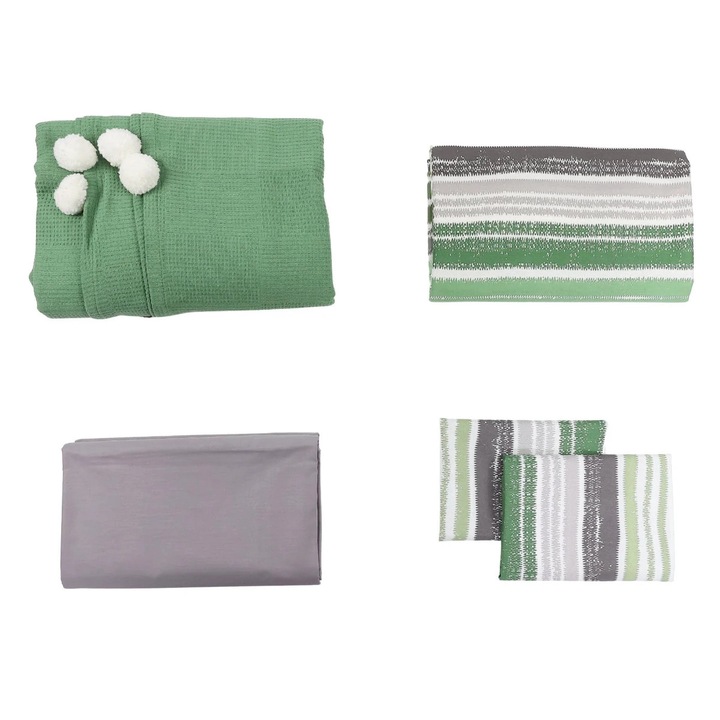 Lenjerie de pat bumbac + cuvertura, Caressa Mot, 2 persoane, verde + gri, set 5 piese