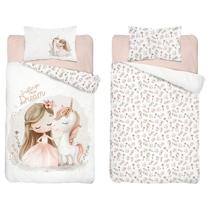 Gyermek ágynemű 90x120 kiságyhoz – 5570 A – unikornisos, púderrózsaszín – Sweet Dreams