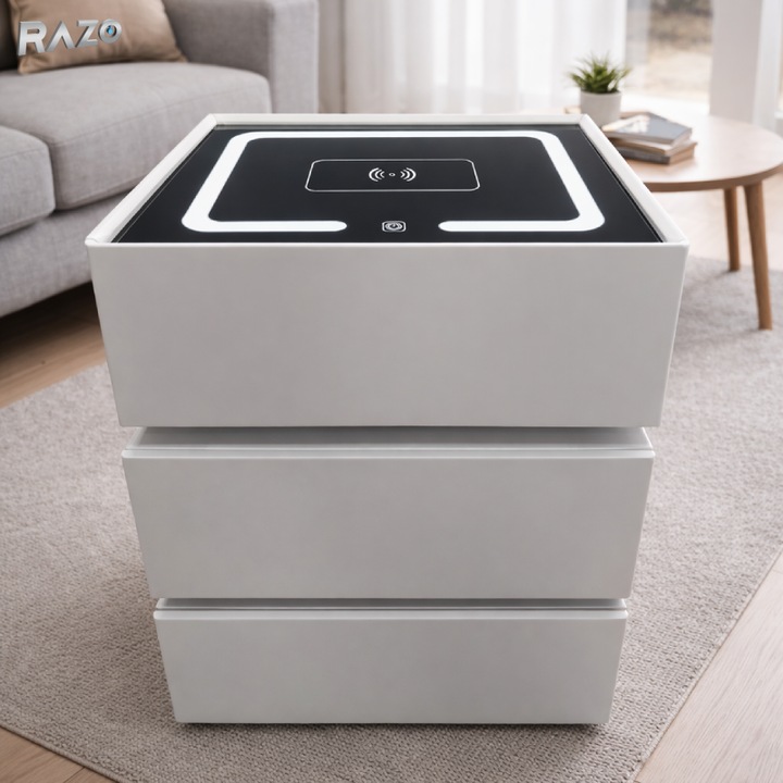 Noptiera RAZO inteligenta multifunctionala cu LED, Incarcare wireless, Bluetooth, 3 sertare, Design modern, Gri deschis