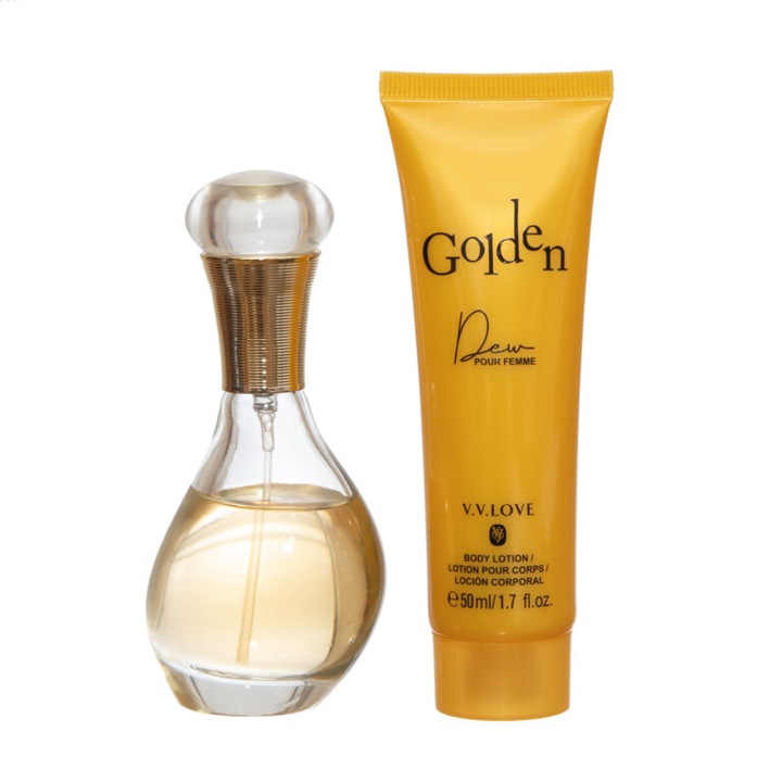 Golden Dew ajándékszett, női parfüm 50ml & testápoló 50ml, meleg illat, v.v. LOVE