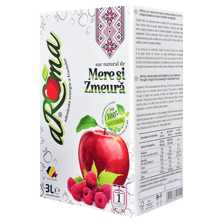 Suc de mere si zmeura 3L, 100% natural, presat la rece, fara zahar adaugat, fara conservanti, aRoma