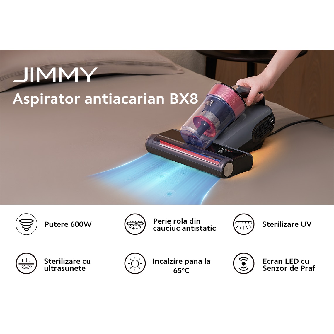 Aspirator antiacarieni Jimmy BX8-GREY Anti-mite UV Vacuum, putere 600W, Gri