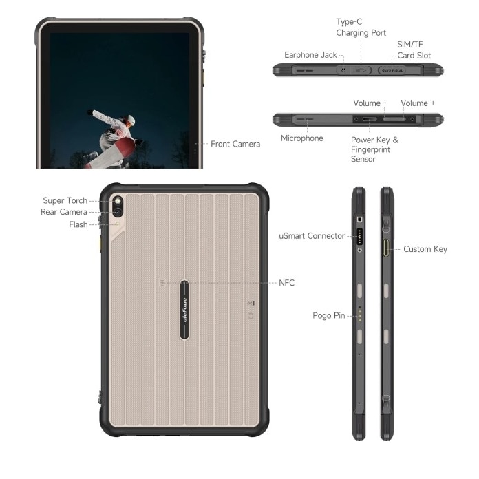 Tableta Ulefone RugKing Pad Pro, Procesor Octa-Core Unisoc T7250, Ecran HD+ 90Hz 8.68", 8GB RAM, 128GB Flash, 16MP Bluetooth, Wi-Fi, NFC, 4G LTE, Android 16 Gri