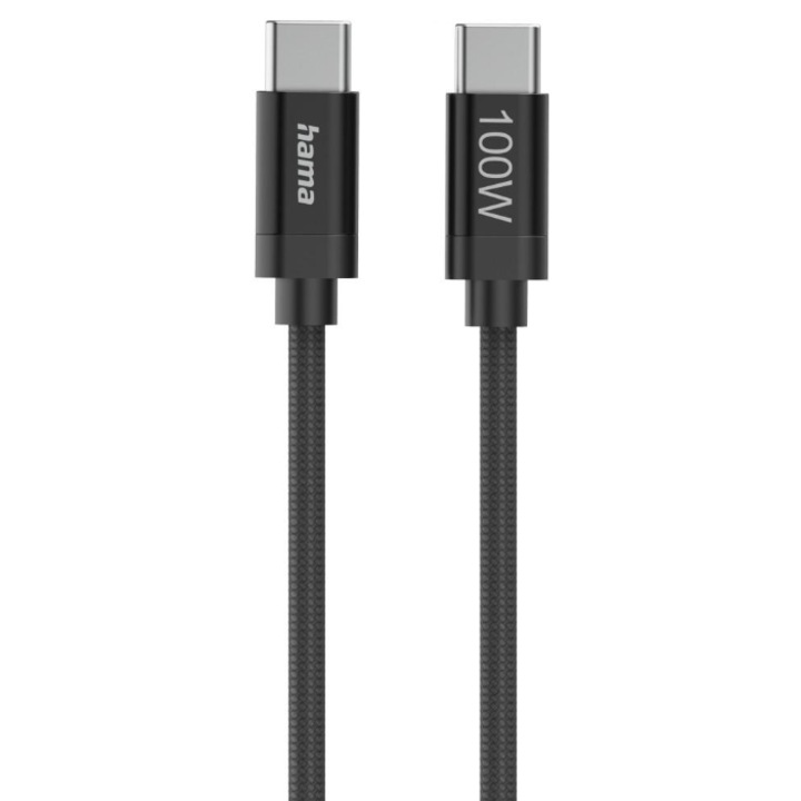 Cablu de date Hama Fabric, USB-C - USB-C, 100 W, 1.5m Negru