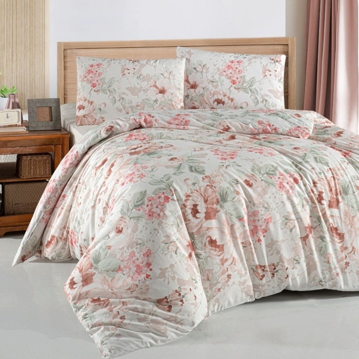 Dupla ágynemű, 100% ranforce pamut, lepedő 240x260 cm, 4 részes, First Choice, Davida bézs rózsaszín virágokkal