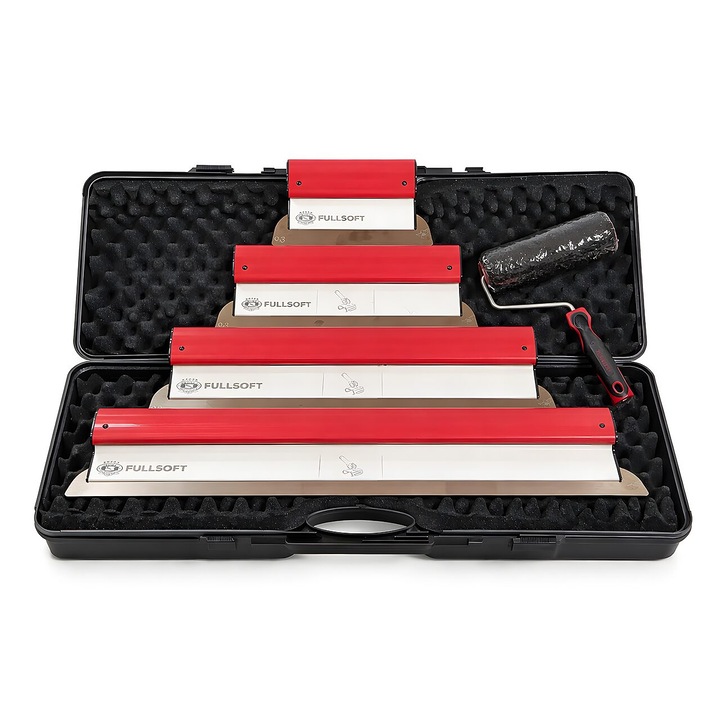 Set 4 gletiere profesionale, lama inox 0.3 mm, 25, 40, 60, 80 cm, rola gletuit, geanta, Fullsoft, Olejnik