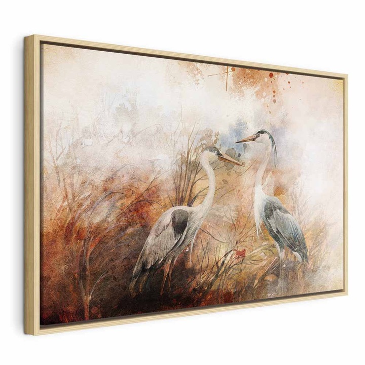 Картина в естествена дървена рамка - Чапли на лов - 90 x 60 см