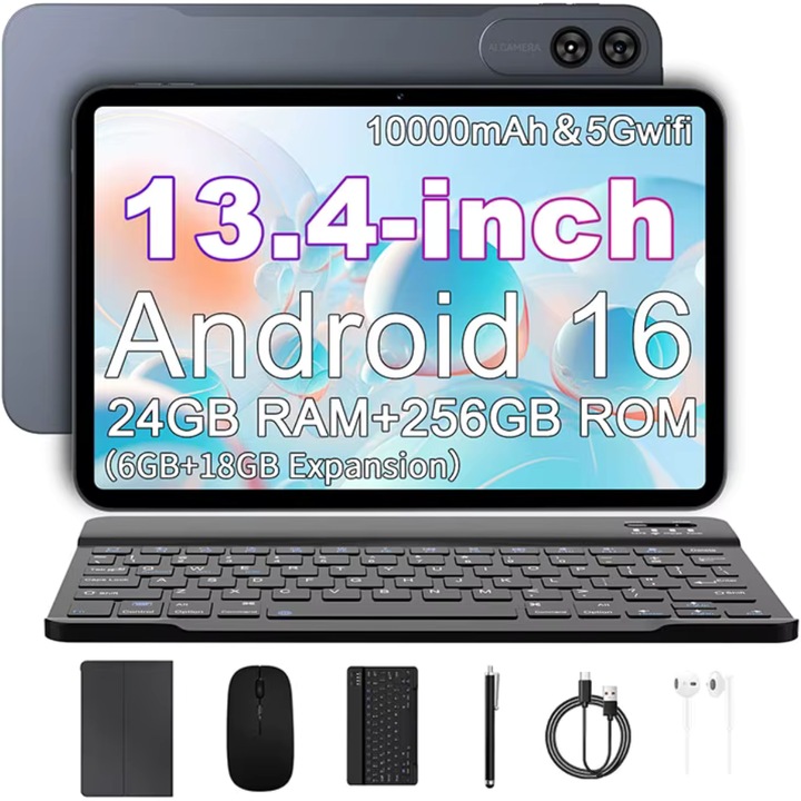 Tableta 2-in-1, de 13.4 inch, Android 16, 24GB RAM (6GB+18GB Extins) + 256GB ROM, 5G WiFi, 10000mAh, Octa-Core T620, Ecran IPS FHD 1920x1200 IPS, 18W Fast Charge, Dual Camera 13MP+5MP, Suport Extindere Stocare 1TB, Tastatura + Mouse + Casti + Husa Incluse