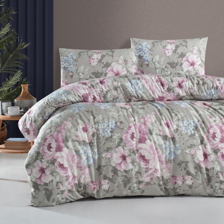 Dupla ágynemű, 100% pamut ranforce, lepedő 240x260 cm, 4 részes, First Choice, Davida szürke rózsaszín virágokkal