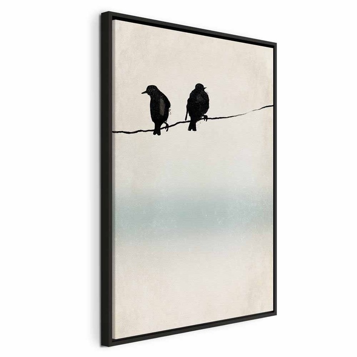 Картина в черна дървена рамка - Замръзнали врабчета - 60 x 90 см