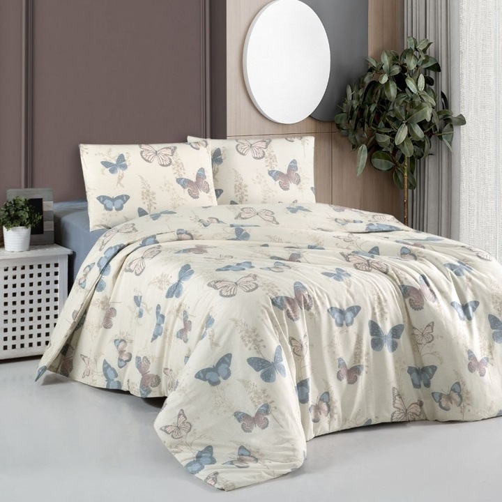 Kétszemélyes ágynemű, 100% ranforce pamut, lepedő 240x260 cm, 4 részes, First Choice, Elery bézs pillangókkal