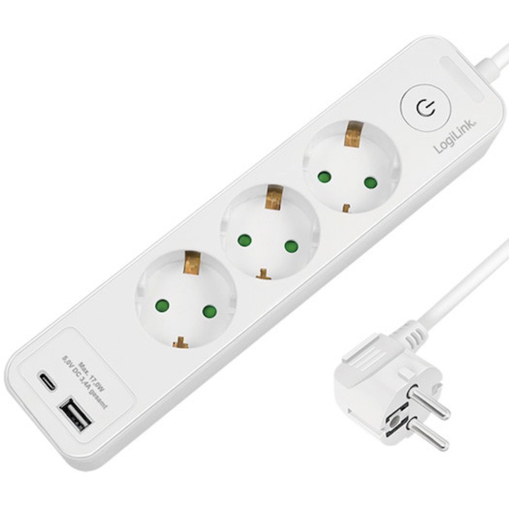 Prelungitor LogiLink LPS279U, 3 x Schuko, 1 x USB-A, 1 x USB-C, 1.5 mm diametru, 230 V,16 A, 50 Hz, 3500 W, buton intrerupator iluminat, IP20, 2 m lungime cablu, alb