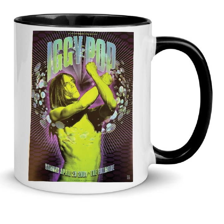 Cana ceramica Iggy Pop No.6, 330ml, exterior alb, interior si maner negru, rezistenta la masina de spalat, design de inalta definitie