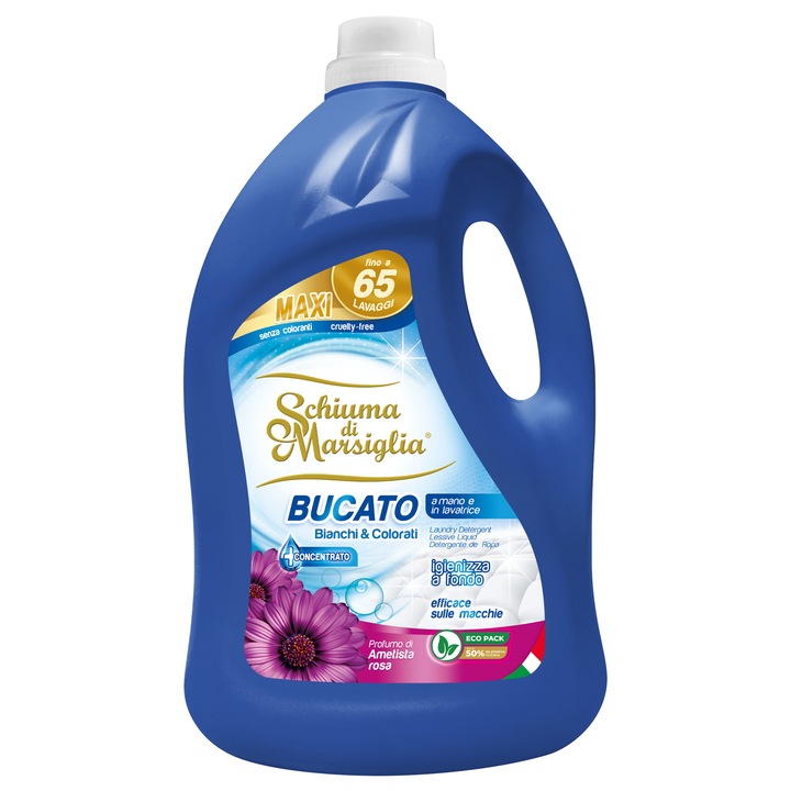 Detergent lichid Schiuma di Marsiglia, Ametista Rosa, 5L, 65 spalari, pentru rufe albe si colorate
