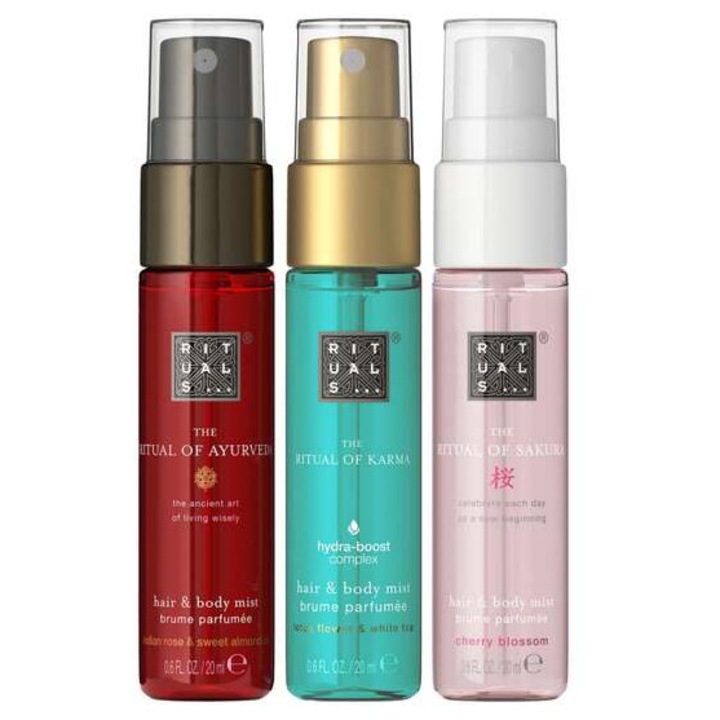 Set spray de corp Rituals cu 3 parfumuri pentru păr și corp, 60ml, Sakura, Karma, Ayurveda