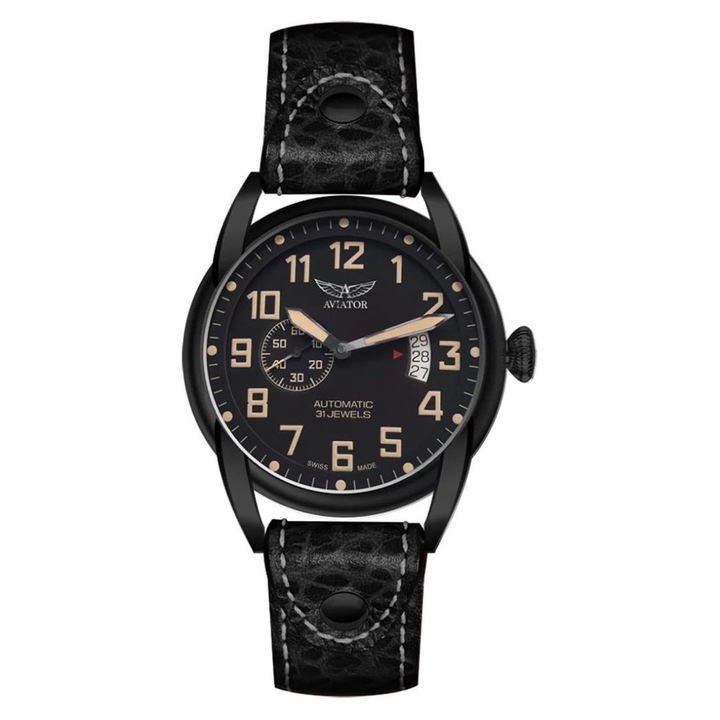 Ceas barbatesc Aviator Bristol Scout, model V.3.18.5.162.4, 46mm, negru, curea din piele, rezistent la apa 100m