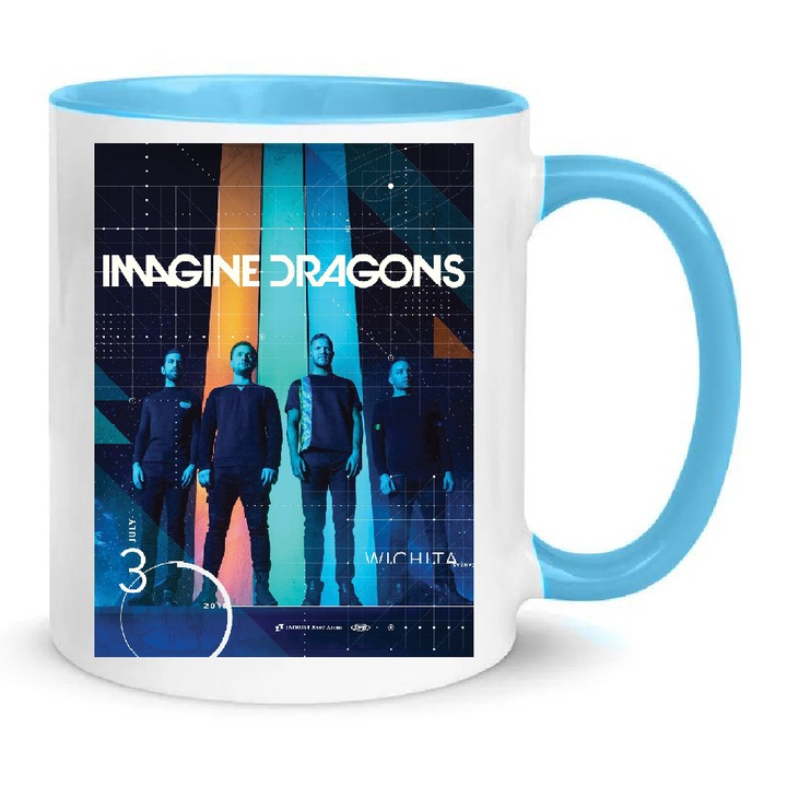 Cana ceramica No.8, 330ml, alb cu interior albastru deschis, pentru fani Imagine Dragons, set de cani