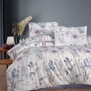Lenjerie pat dublu, bumbac 100% ranforce, cearsaf de pat 240x260 cm, 4 piese, First Choice, Amaris lila cu flori