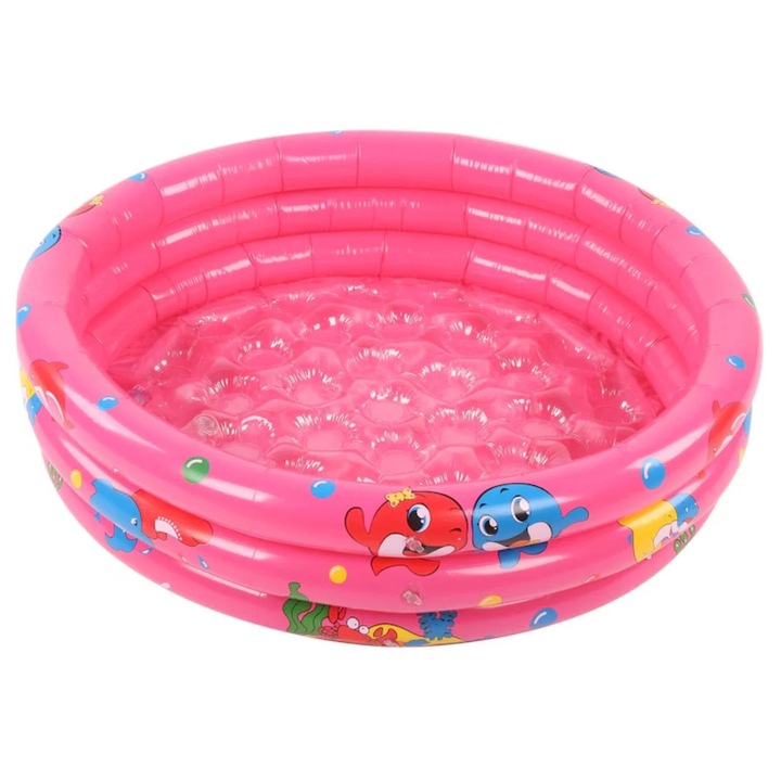Piscina gonflabila copii cu podea gonflabila, 3 inele roz, 150 cm