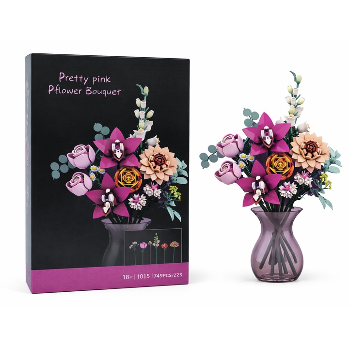 Set de constructie Pretty Pink Flower Bouquet, 749 piese, multicolor, 33x20x7cm