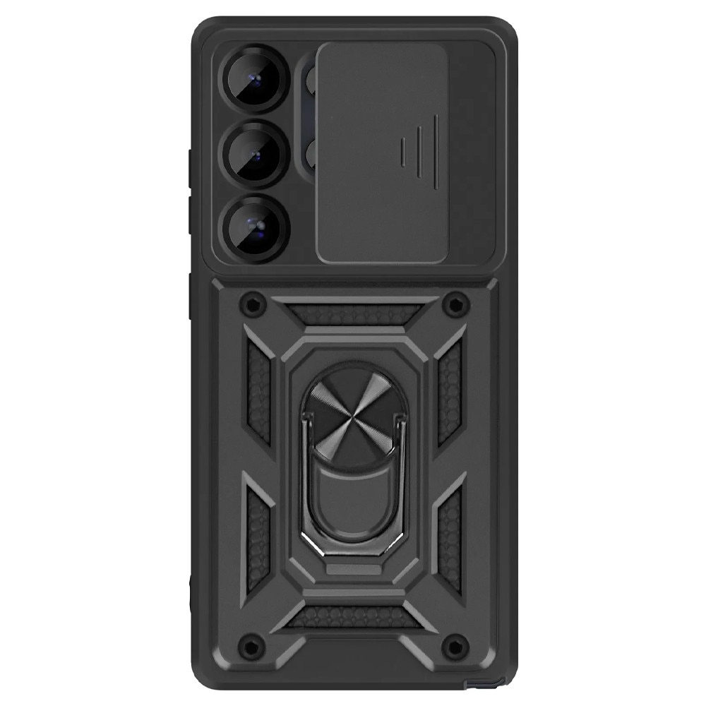 Husa pentru Samsung Galaxy S26 Ultra, Capac Culisant pentru Protectie Lentile, Functie Magnetica, Suportul Rotativ, Negru