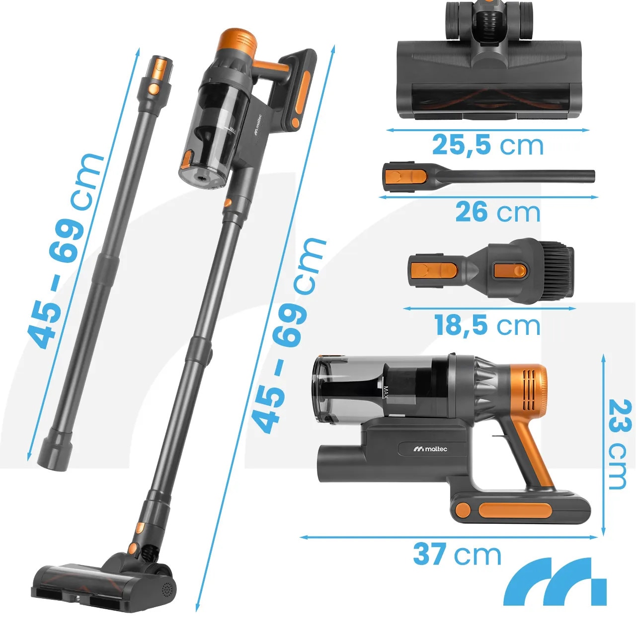Aspirator vertical MalTec TURBOCYCLONE PRO4000, 500W, 3 în 1, perie electrică cu LED, rezervor 800ml, tub telescopic, bateria 2500mAh
