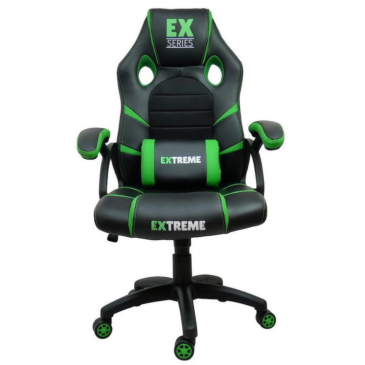 Fotel gaming Extreme, model EX Green, negru/verde, dimensiuni 51x50cm, 117cm inaltime maxima