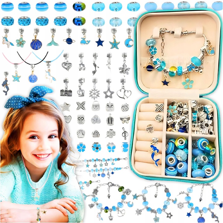 Set bratari si coliere pentru copii, 20 margele albastre, 20 margele mari, 20 pandantive, cutie de bijuterii inclusa