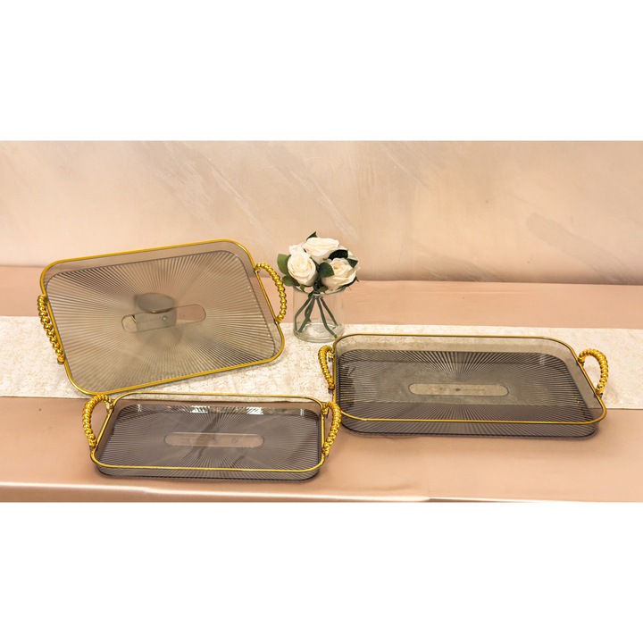 3 darab négyzet alakú dekoratív Plexiglas tálca arany fogantyúkkal