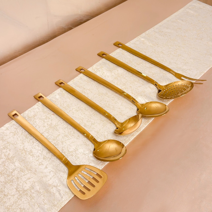 Set ustensile bucatarie inox auriu 6 piese, set ustensile gatit, inox alimentar, design elegant