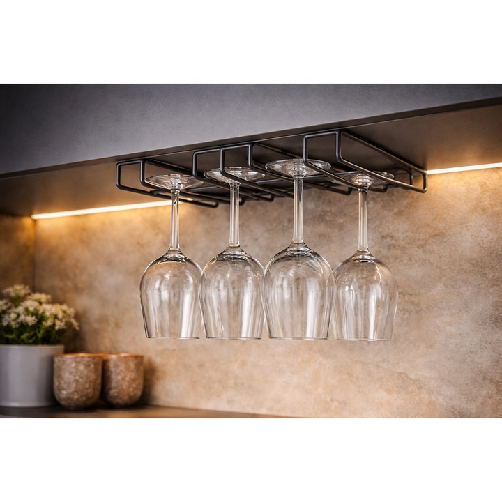 Suport pahare suspendat ANTBRO®, pentru dulap, montaj fara gaurire prin glisare, suport metalic otel, economisire spatiu bucatarie, 37 x 30 x 8 cm, negru