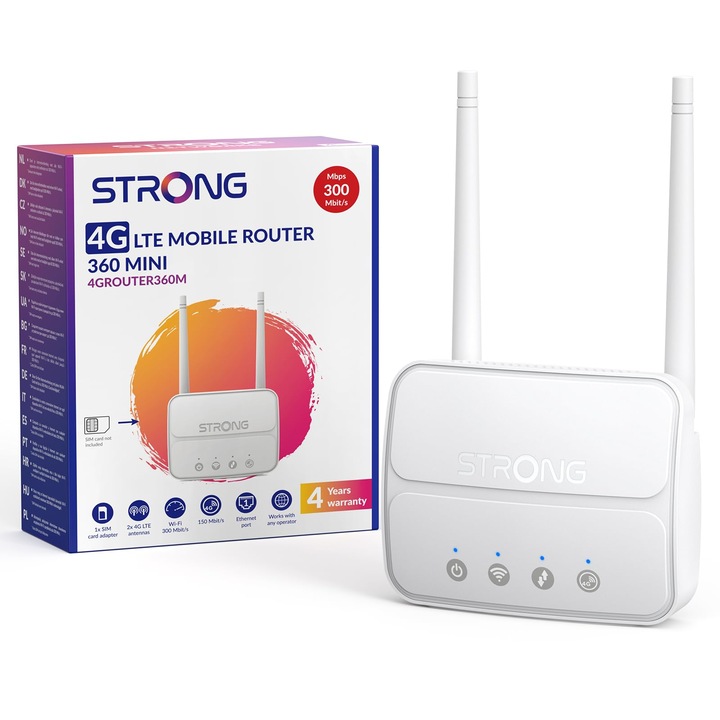 Router STRONG N300 Mbit/s WLAN 4G, Retea 4G Cat4 LTE, Port LAN 100Mbit/s, Antene detasabile, Router pentru cartela SIM, Suporta pana la 32 de dispozitive, Plug & Play, USB 3.0 (4GROUTER360M)