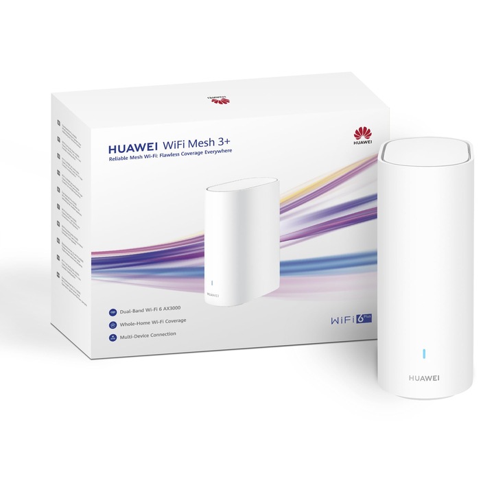 Router HUAWEI WiFi Mesh 3+, Wi-Fi 6 AX3000 dubla banda, acoperire WiFi pentru intreaga casa, roaming fara intreruperi, conexiune multi-dispozitive, penetrare in perete, fara functie DSL, HomeSec, 30 de luni garantie, alb