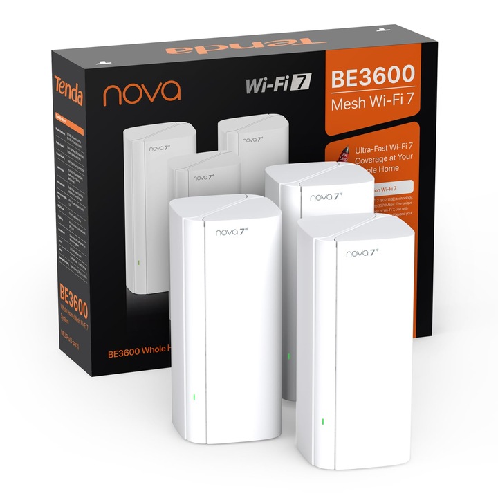 Sistem Tenda Nova ME3 Pro Wi-Fi 7 Mesh (BE3600 Dual Band 2882Mbps 5GHz, 688Mbps 2.4GHz) 3X porturi Gigabit per unitate, VPN, NFC, 4K-QAM, WPA3, recomandat pentru case cu 3-4 dormitoare, pachet de 3