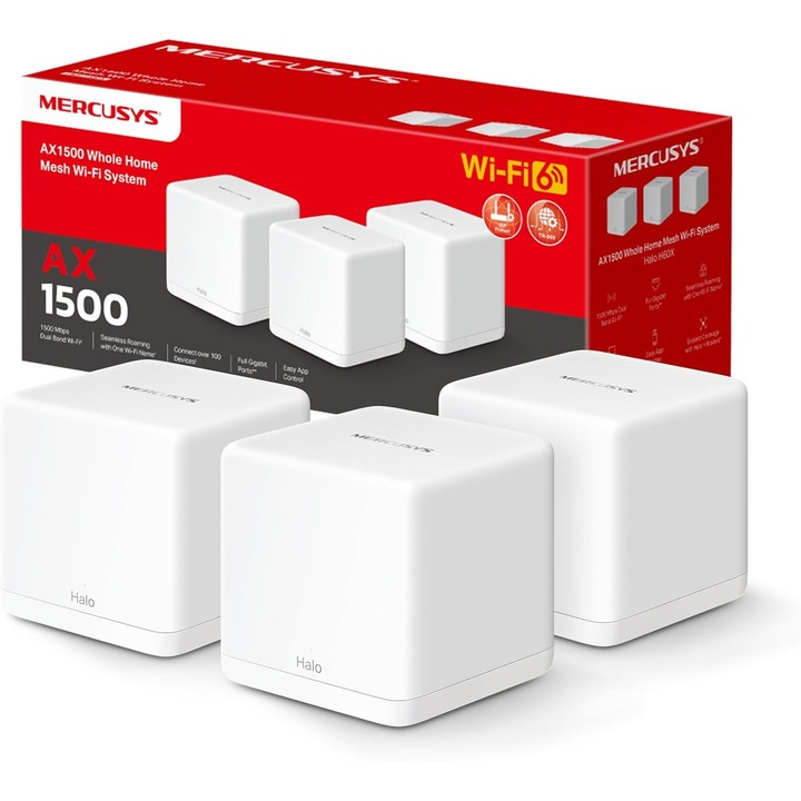 Set WLAN Mercusys Halo H1500X Wi-Fi 6 Mesh (pachet de 3), router si repetitor AX1500 cu banda dubla, port Gigabit, recomandat pentru case cu 3-5 dormitoare, roaming fara intreruperi, aplicatie