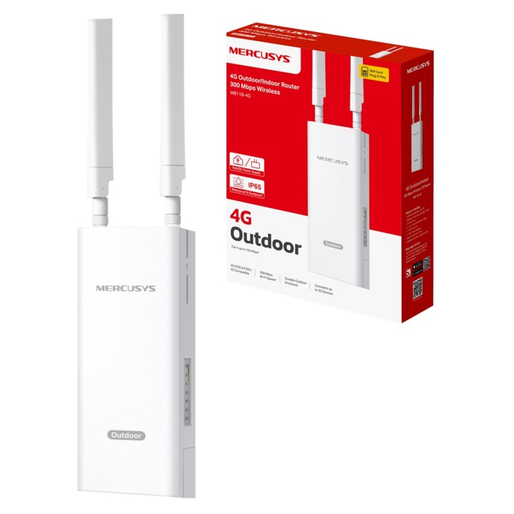 Router Mercusys MB118-4G LTE, router WLAN Cartela Nano SIM, 4G Cat 4 pana la 150 Mbit/s, WLAN 2, 4 GHz pana la 300 Mbit/s, alimentare PoE/DC, IP65, temperatura de functionare -30°C pana la +60°C