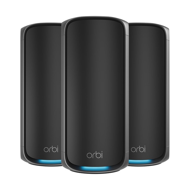 NETGEAR Orbi Seria 970, Sistem Mesh WiFi 7, Router WiFi 7 si 2 sateliti, pana la 27 Gbit/s, Acoperire de pana la 660 m2 si 200 de dispozitive, Port Ethernet de 10 GB, Banda quad BE27000, RBE973SB, Negru