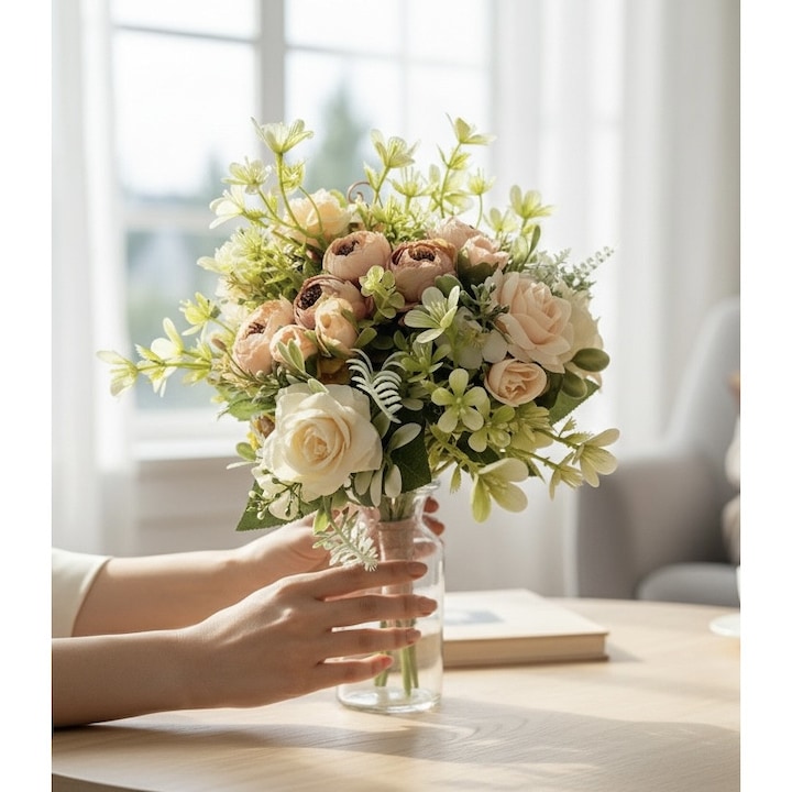 Buchet flori maro, crem, din flori artificiale, Dady, trandafiri si ranunculus, 20x28 cm