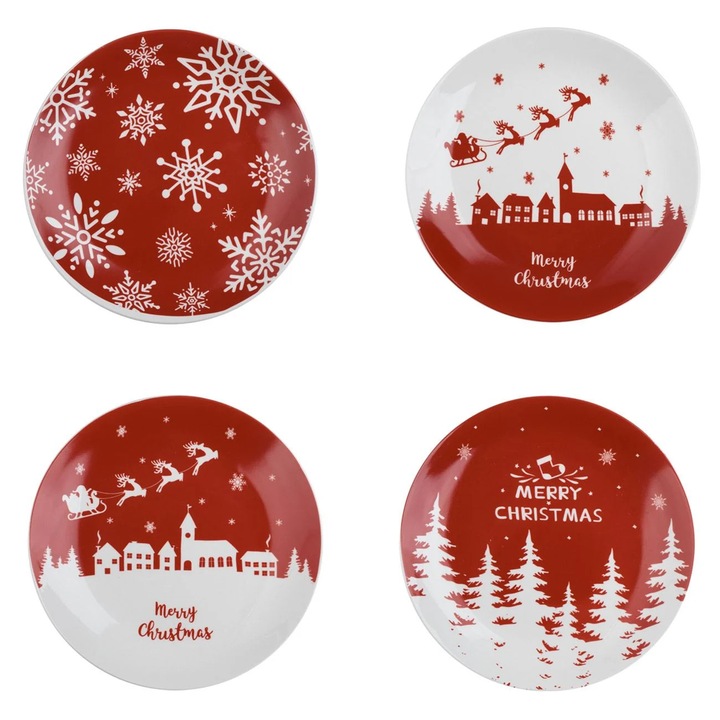 Set Farfurii de Craciun din Portelan cu Model Brazi Fulgi pentru Fructe Ø19cm - 4buc