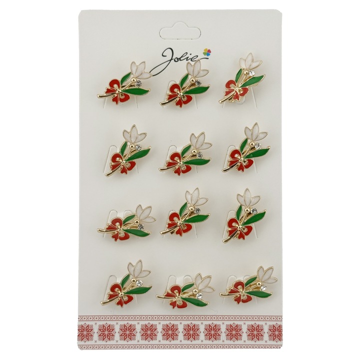 12 db Brose Martisor szett tavaszi hóvirággal és piros masnival, Jolie, fém brossok, lakkozott megjelenés, 2 x 2 cm egységenként, többszínű