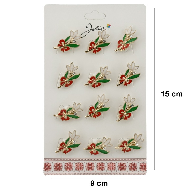 Set 12 Brose Martisor cu Ghiocel de Primavara si Fundita Rosie, Jolie, Brose din Metal, Aspect Lacuit, 2 x 2 cm per Unitate, Multicolor