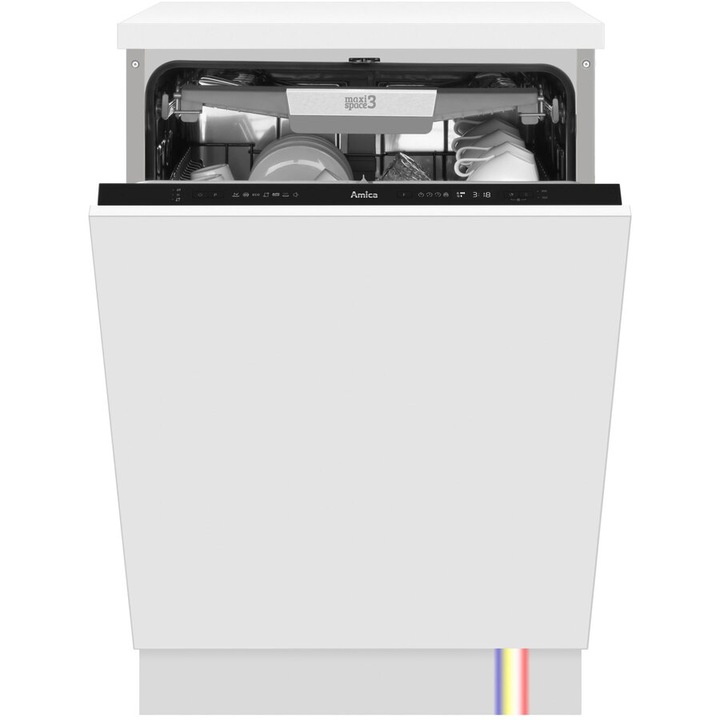 Masina de spalat vase incorporabila Amica DIM64C7EMONqH, 60 cm, 14 seturi, 7 programe, 3 sertare, Clasa C, ECO, AquaStop, Dedurizare, HalfLoad, sistem deschidere automata a usii, indicator luminos multi color, Alb