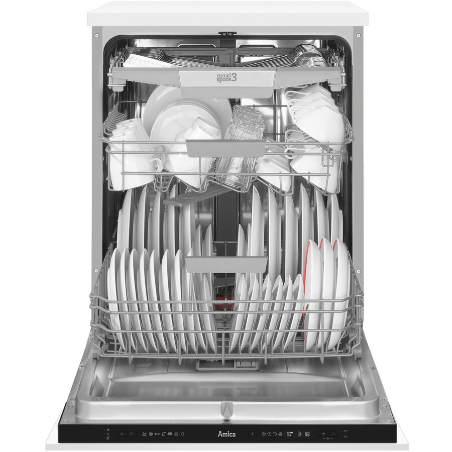 Masina de spalat vase incorporabila Amica DIM64C7EMONqH, 60 cm, 14 seturi, 7 programe, 3 sertare, Clasa C, ECO, AquaStop, Dedurizare, HalfLoad, sistem deschidere automata a usii, indicator luminos multi color, Alb