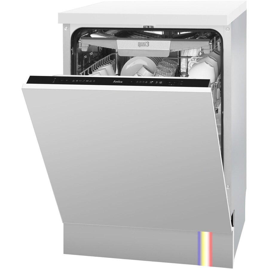 Masina de spalat vase incorporabila Amica DIM64C7EMONqH, 60 cm, 14 seturi, 7 programe, 3 sertare, Clasa C, ECO, AquaStop, Dedurizare, HalfLoad, sistem deschidere automata a usii, indicator luminos multi color, Alb