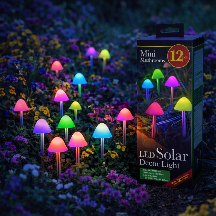 Set 12 Lampi Solare Gradina Model Mini Ciuperci Alista Home, LED Multicolor, 2 Moduri Iluminare Continuu/Intermitent, Cablu 4m, Decorativ Exterior, Senzor Crepuscular