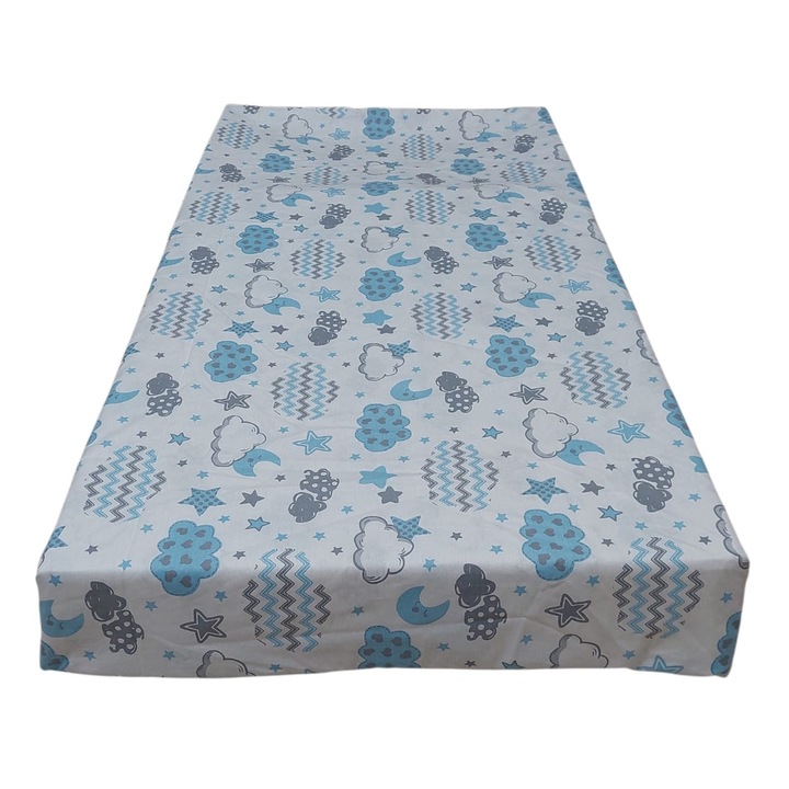 Cearșaf de pat cu elastic, Albatex Home, M503 Cer cu Stele, 100% bumbac ranforce, 60x120x15 cm, alb/albastru deschis