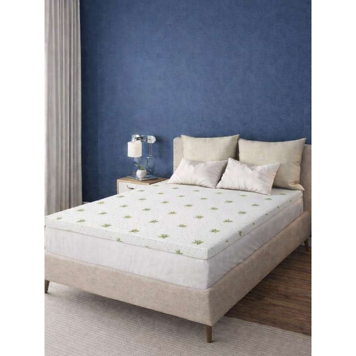 Topper Saltea Memory Aloe Vera, NufJoy®, 90x190 cm, 5 cm grosime, Spuma cu memorie, Husa cu Aloe Vera matlasata. cu fermoar, detasabila si lavabila