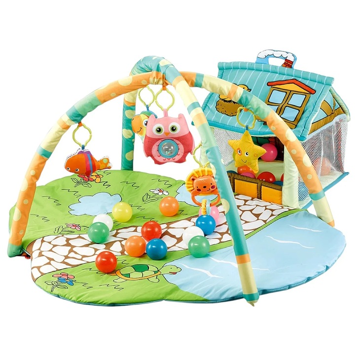 Centru de Activitati, Casuta si Tarc cu Bile 3 in 1 – Happy Farm, cu Saltea si 30 Bile Colorate Incluse