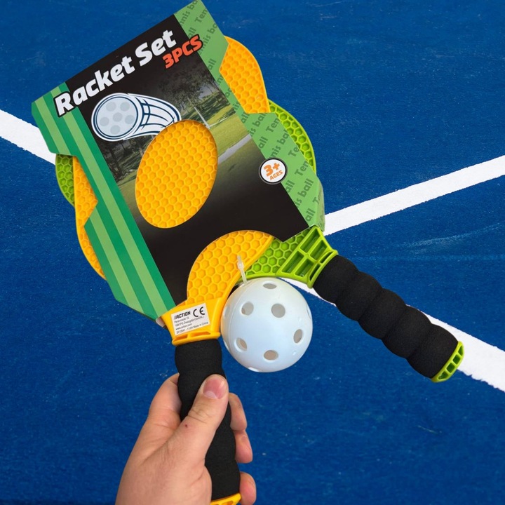 Set de rachete de tenis si badminton cu minge, verde, galben, pentru copii si adulti