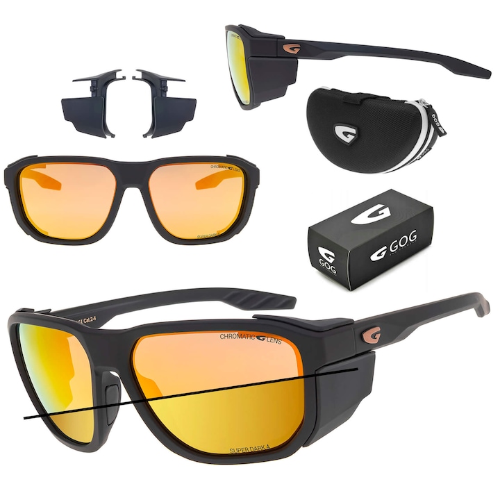 Ochelari de soare sport GOG, protectie solara fotocromatica, negru mat, lentile aurii, accesorii incluse